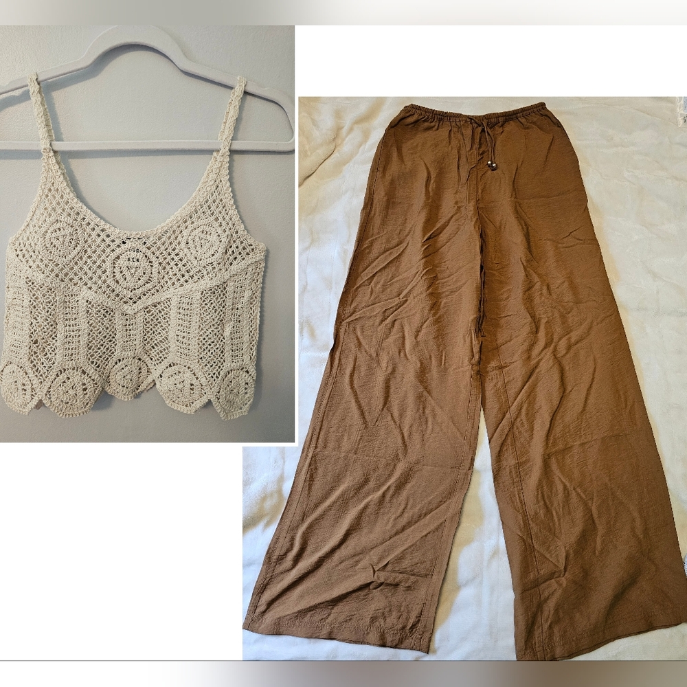 Rachel Zoe Set XS- Silky Wide Leg Pants Tan & Crochet Crop Top Cream
